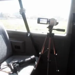 Kamera wideo na statywie wewnątrz pojazdu, obok siedzenia z aparatem fotograficznym i obiektywem, widok na zewnątrz przez okno.