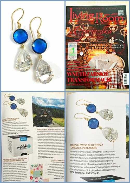 Kolczyki z niebieskimi topazami i czeskimi cyrkoniami w kształcie łezki, zaprezentowane na tle magazynu 'Living Room' i artykułu o biżuterii.