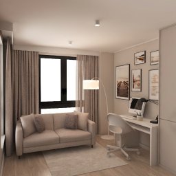 AZArchitekci Pracownia Architektury Wnętrz - Wizualizacja pokoju dziennego z miejscem do pracy: beżowa sofa z poduszkami, biurko z komputerem, lampa łukowa i obrazy na ścianie, utrzymana w neutralnej kolorystyce.
