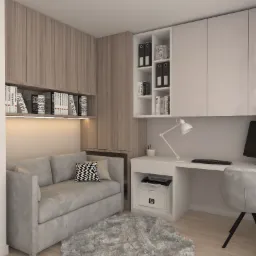 Wizualizacja pokoju biurowego z szarą sofą, wzorzystą poduszką, puszystym dywanem, biurkiem z komputerem i drukarką HP, regałami z książkami i segregatorami, oświetlonego lampką biurkową.