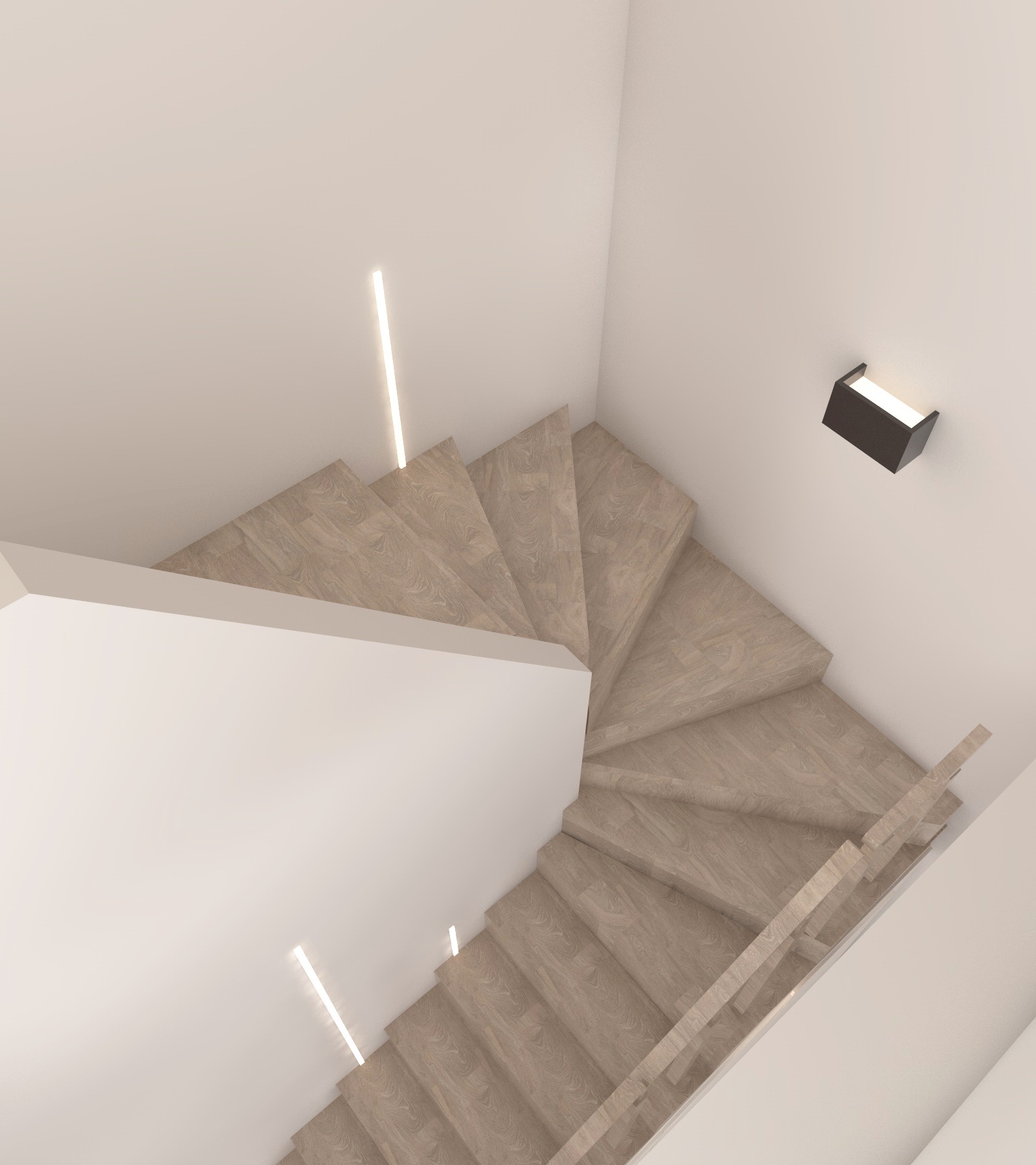 Widok z góry na drewniane schody spiralne z minimalistycznym oświetleniem LED w ścianie i czarnym kinkietem.