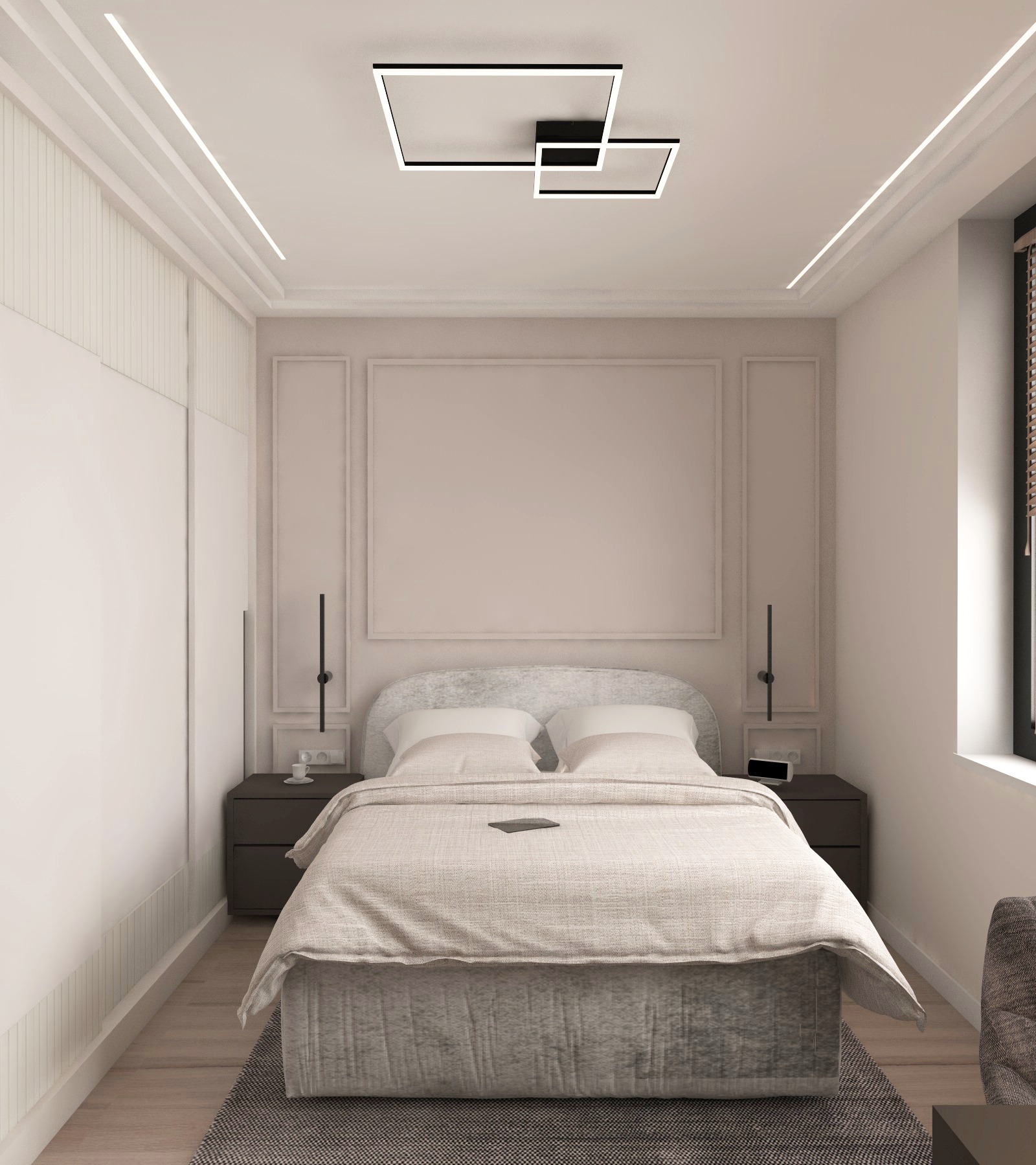 Nowoczesna sypialnia w beżowych odcieniach z łóżkiem, szafkami nocnymi, i geometryczną lampą sufitową.