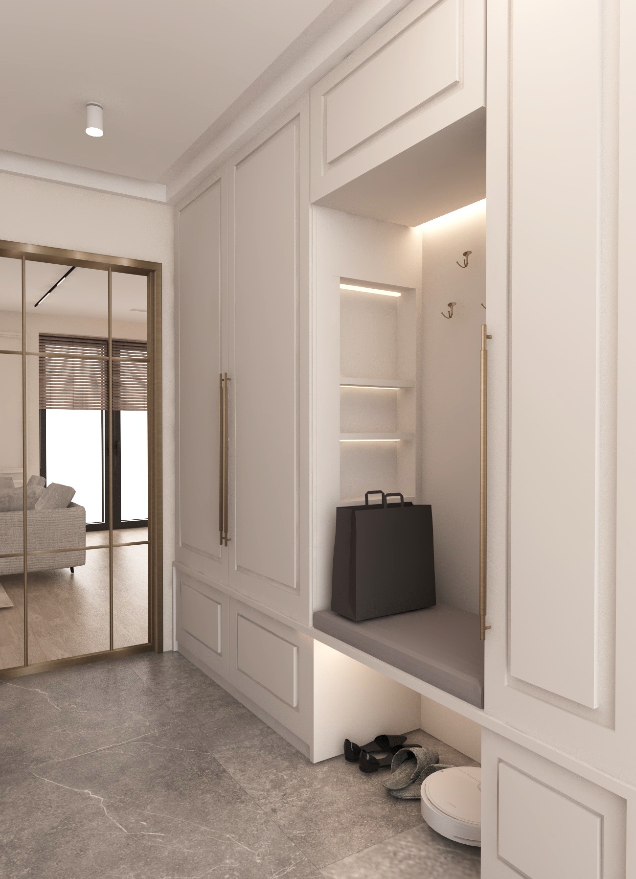 Elegancki przedpokój w jasnych barwach z zabudową meblową: szafa z siedziskiem, haczyki na ścianie, torba na siedzisku, robot sprzątający i buty pod spodem, lustrzane drzwi przesuwne z widokiem...
