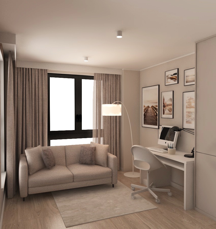 Wizualizacja pokoju dziennego z miejscem do pracy: beżowa sofa z poduszkami, biurko z komputerem, lampa łukowa i obrazy na ścianie, utrzymana w neutralnej kolorystyce.