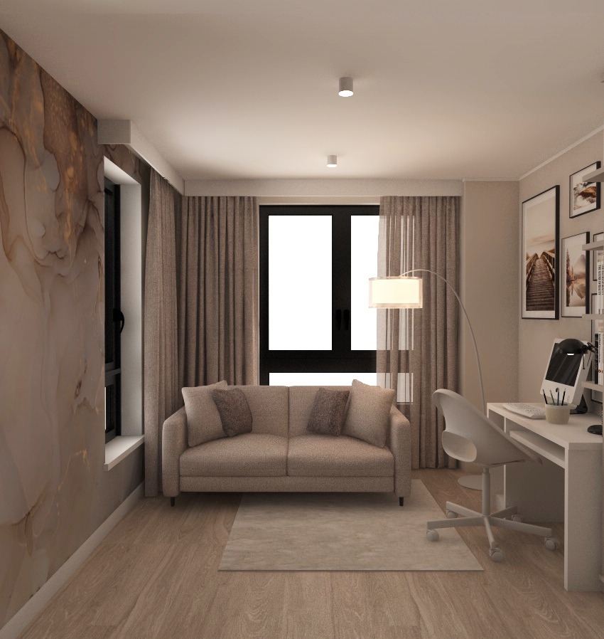 Wizualizacja pokoju z beżową sofą, biurkiem z komputerem i wzorzystą tapetą na ścianie, oświetlonego lampą podłogową z abażurem.