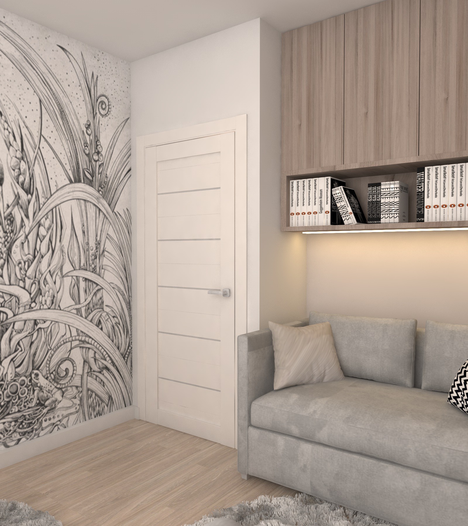 Pokój z szarą sofą, drewnianą szafką z półką na książki oświetloną ledami i ścianą z czarno-białym rysunkiem roślinnym.