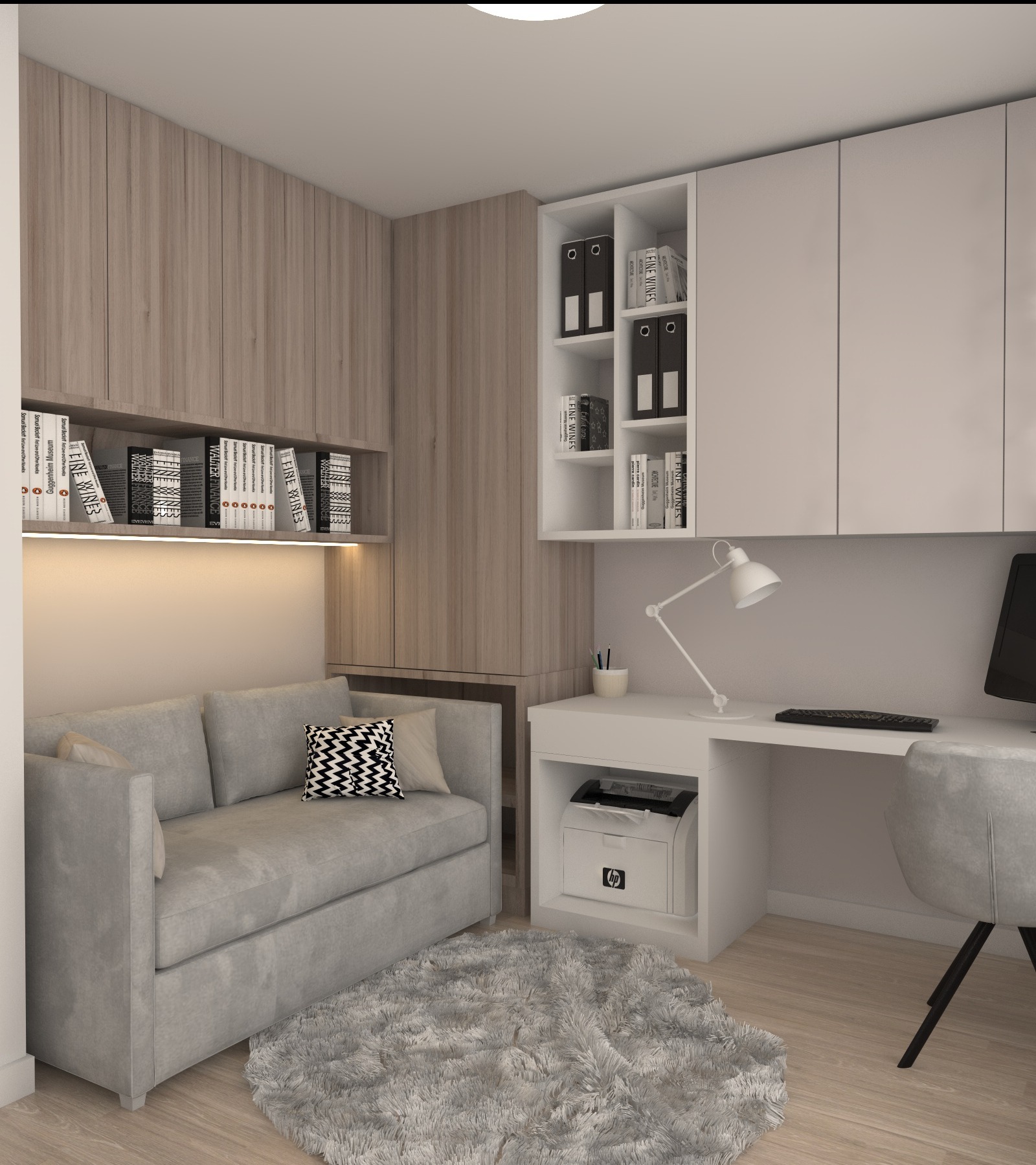 Wizualizacja pokoju biurowego z szarą sofą, wzorzystą poduszką, puszystym dywanem, biurkiem z komputerem i drukarką HP, regałami z książkami i segregatorami, oświetlonego lampką biurkową.