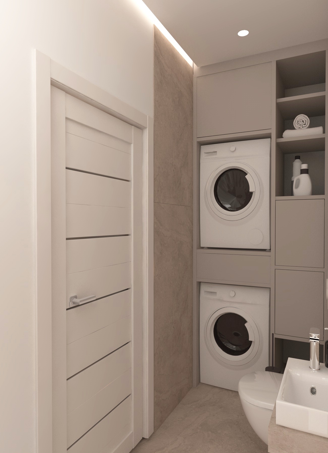 Neutralna kolorystyka małej łazienki z pralką i suszarką w zabudowie, umywalką nablatową i drzwiami z poziomymi frezowaniami.