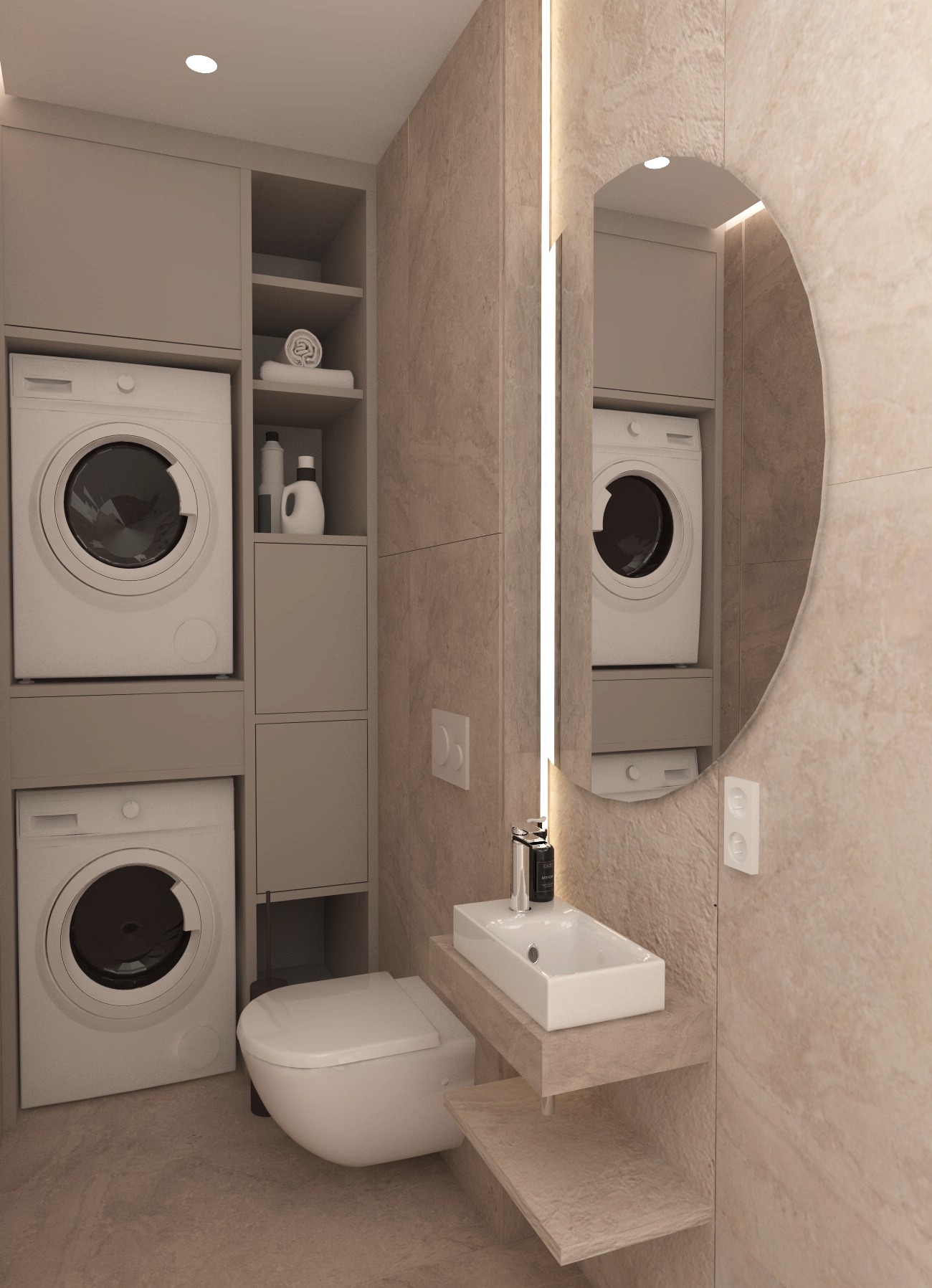 Projekt łazienki z pralkami w zabudowie, umywalką nablatową i owalnym lustrem z podświetleniem LED na beżowej ścianie.