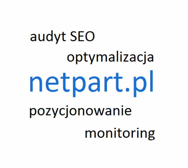 Grafika tekstowa z usługami SEO: audyt SEO, optymalizacja, pozyconowanie, monitoring oraz nazwą firmy netpart.pl, zapisane różnymi czcionkami na białym tle.