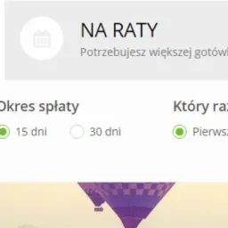 Interfejs wyboru warunków finansowych: suwak kwoty pożyczki ustawiony na 100 zł, okres spłaty 15 dni, opcja pierwszego skorzystania z usługi, z nagłówkami 'Chwilówka' i 'Na raty' oraz tłem...
