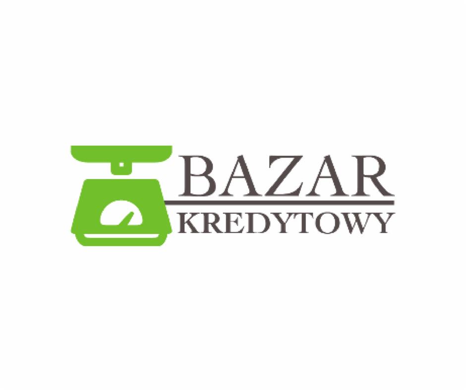 Logo firmy: Zielona waga szalkowa po lewej stronie, obok napis 'BAZAR' w kolorze brązowym, a pod nim 'KREDYTOWY' również w kolorze brązowym.