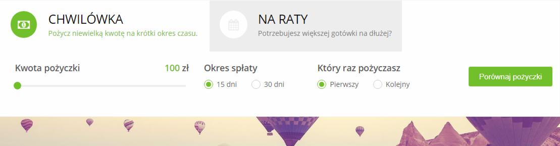 Interfejs wyboru warunków finansowych: suwak kwoty pożyczki ustawiony na 100 zł, okres spłaty 15 dni, opcja pierwszego skorzystania z usługi, z nagłówkami 'Chwilówka' i 'Na raty' oraz tłem...