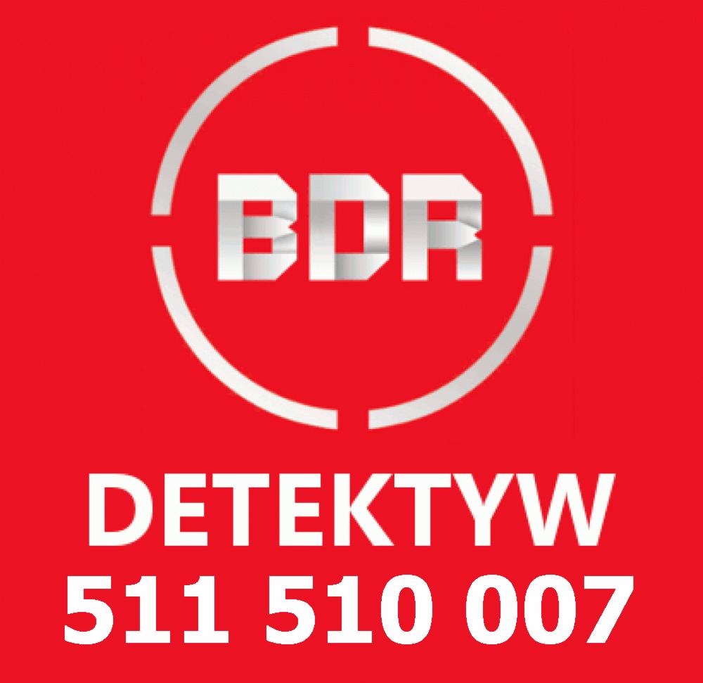Czerwone tło z białym logo BDR otoczonym półokręgiem, poniżej napis DETEKTYW i numer telefonu 511 510 007.