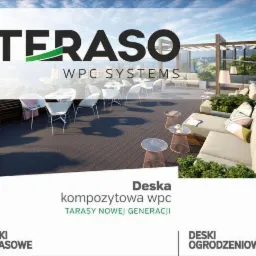 Wizualizacja tarasu z deski kompozytowej WPC, z białymi meblami ogrodowymi i pergolą, widok z góry na miasto, zieleń w tle.