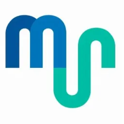 Stylizowane logo przedstawiające połączone litery 'm' i 'n' tworzące falistą linię, górna część w odcieniach niebieskiego, dolna w odcieniach zieleni, na białym tle.