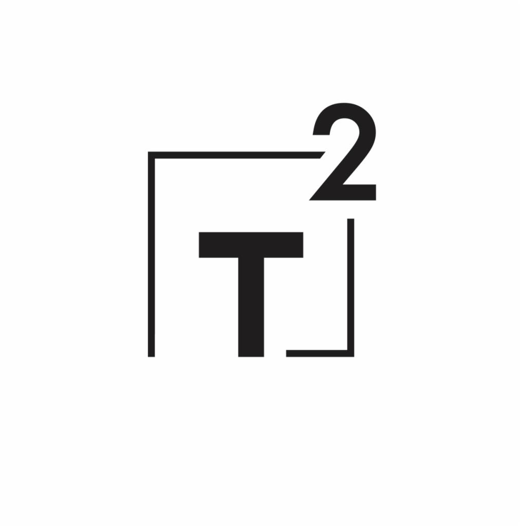 Logo firmy tłumaczeniowej: czarna litera T w niepełnym kwadracie z indeksem górnym 2, na białym tle.