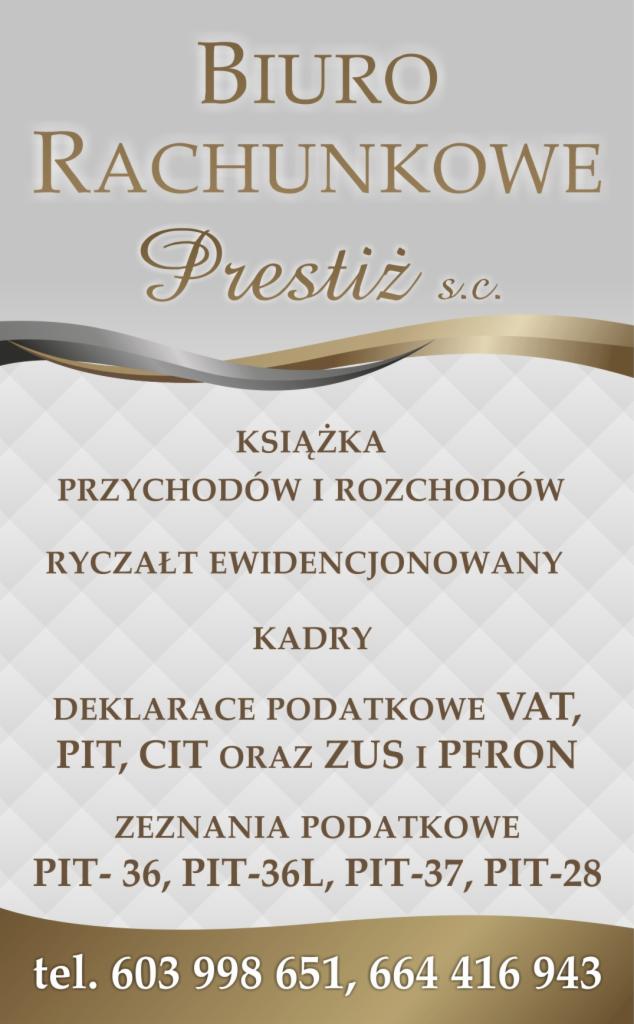 Grafika reklamowa biura rachunkowego Prestiż s.c. z informacjami o ofercie: księga przychodów i rozchodów, ryczałt ewidencjonowany, kadry, deklaracje podatkowe VAT, PIT, CIT, ZUS i PFRON, zeznania...