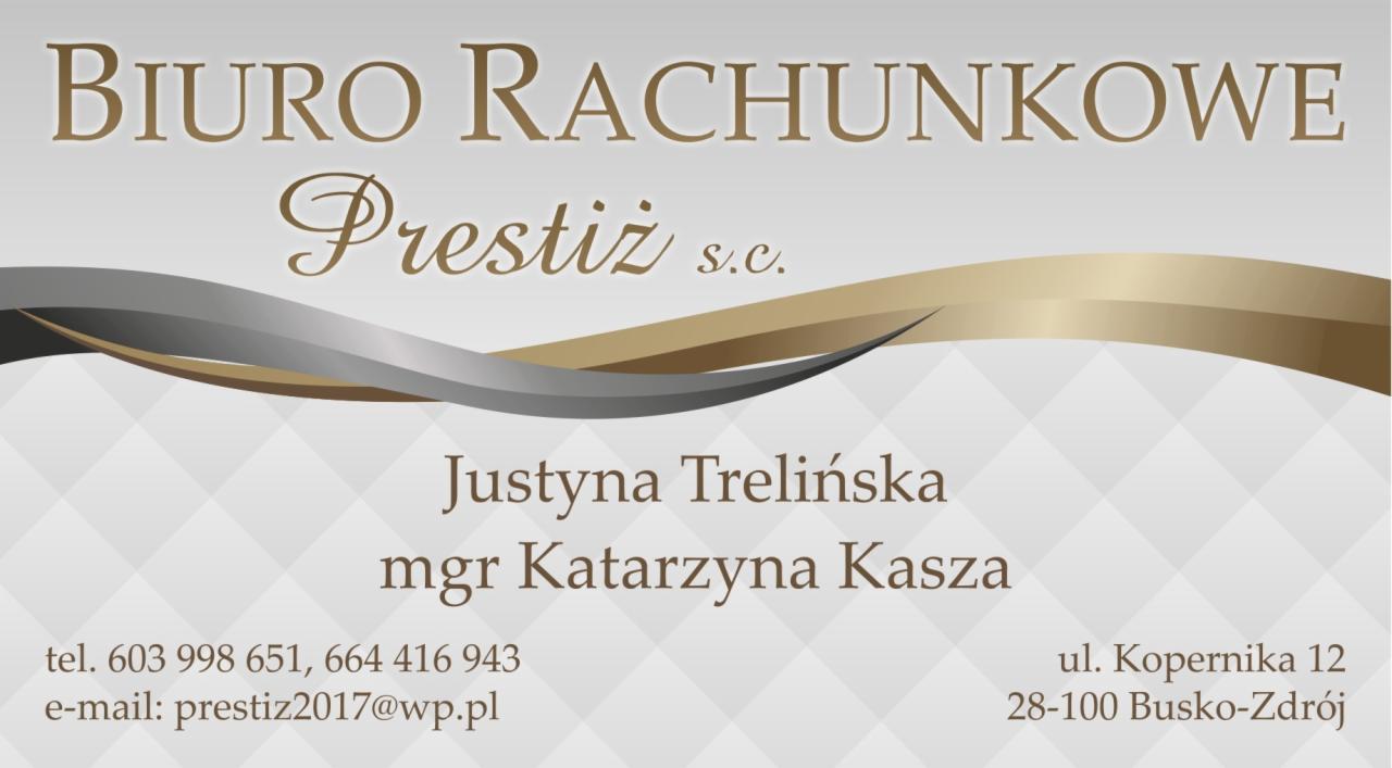 Wizytówka Biura Rachunkowego Prestiż s.c. z danymi kontaktowymi Justyny Trelińskiej i mgr Katarzyny Kaszy, w kolorystyce beżowo-szarej z ozdobnymi liniami.