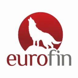 Logo firmy Eurofin przedstawiające białego wilka wyjącego na tle czerwonego koła, z nazwą firmy w kolorze czerwonym i szarym.