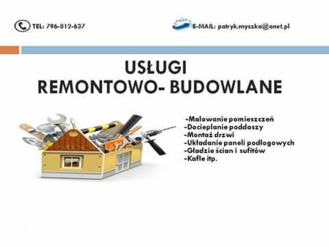 Grafika przedstawiająca domek wypełniony narzędziami remontowo-budowlanymi, symbolizujący usługi remontowo-budowlane, z widocznym numerem telefonu i adresem e-mail.