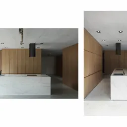 Nowoczesna kuchnia w stylu industrialnym z marmurową wyspą, drewnianymi szafkami i betonowym sufitem z czarnymi punktowymi lampami.