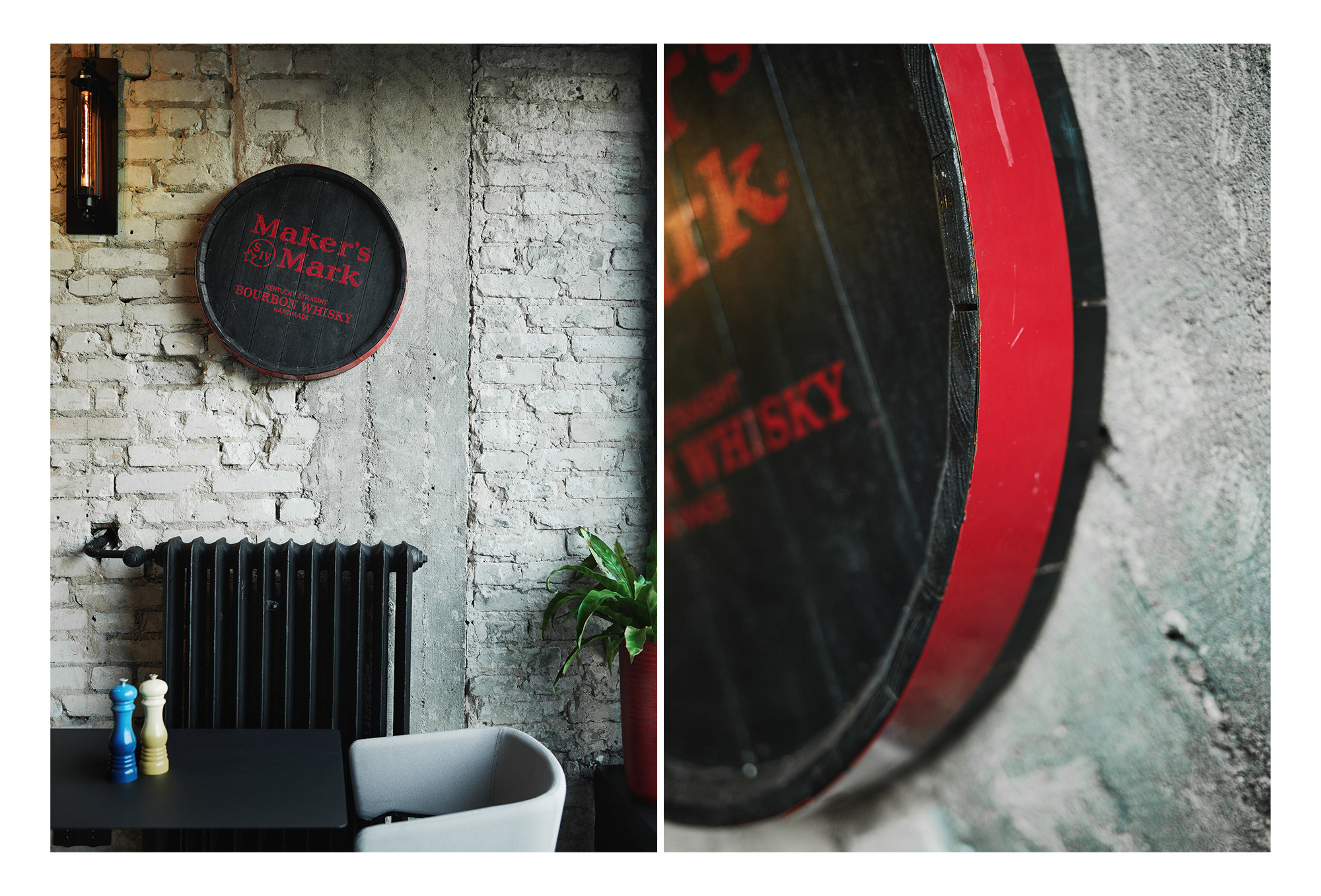 Wnętrze restauracji Pop-Inn Gdynia z dekoracyjną beczką Maker's Mark na ceglanej ścianie, czarnym grzejnikiem i stolikiem z przyprawnikami.