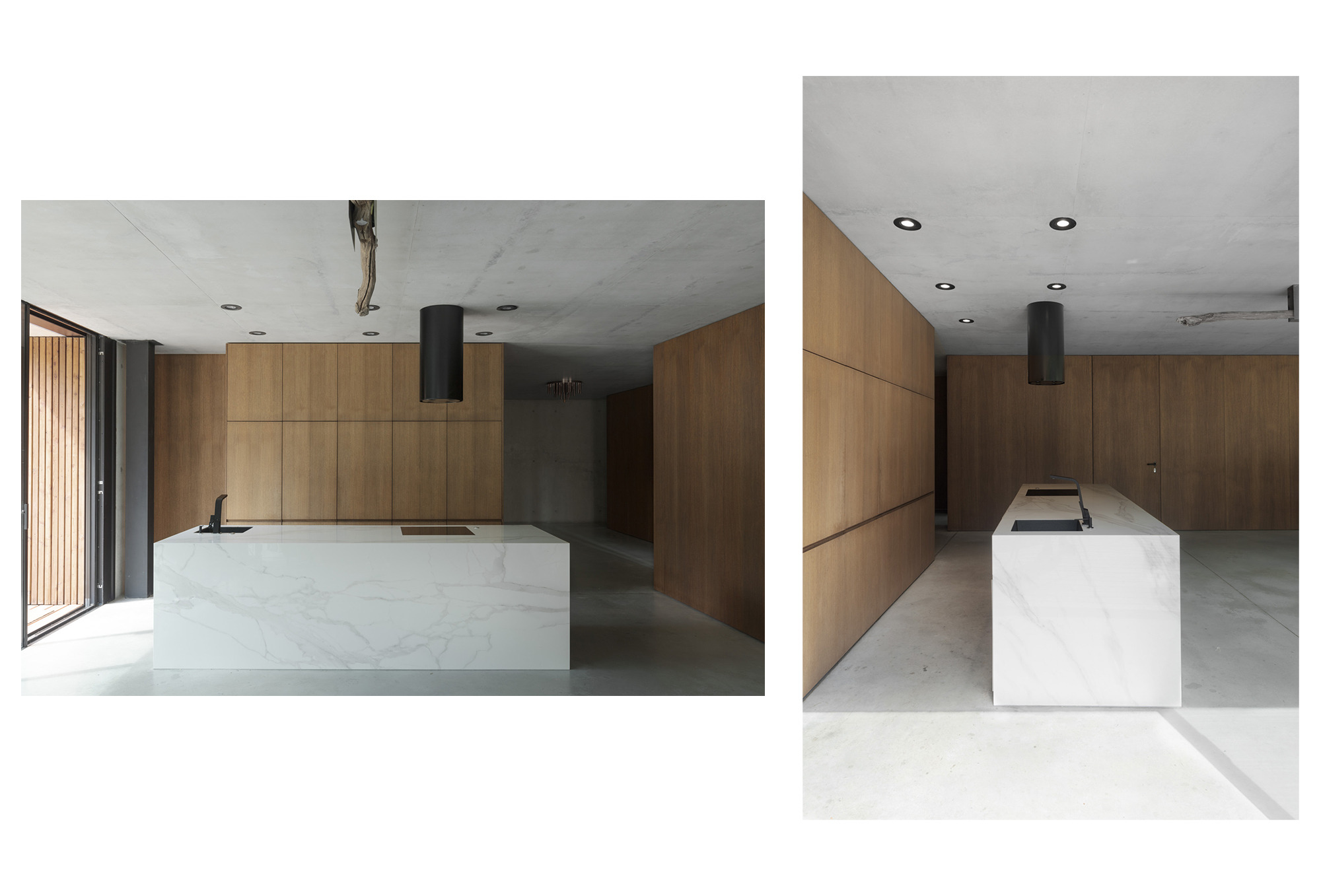 Nowoczesna kuchnia w stylu industrialnym z marmurową wyspą, drewnianymi szafkami i betonowym sufitem z czarnymi punktowymi lampami.