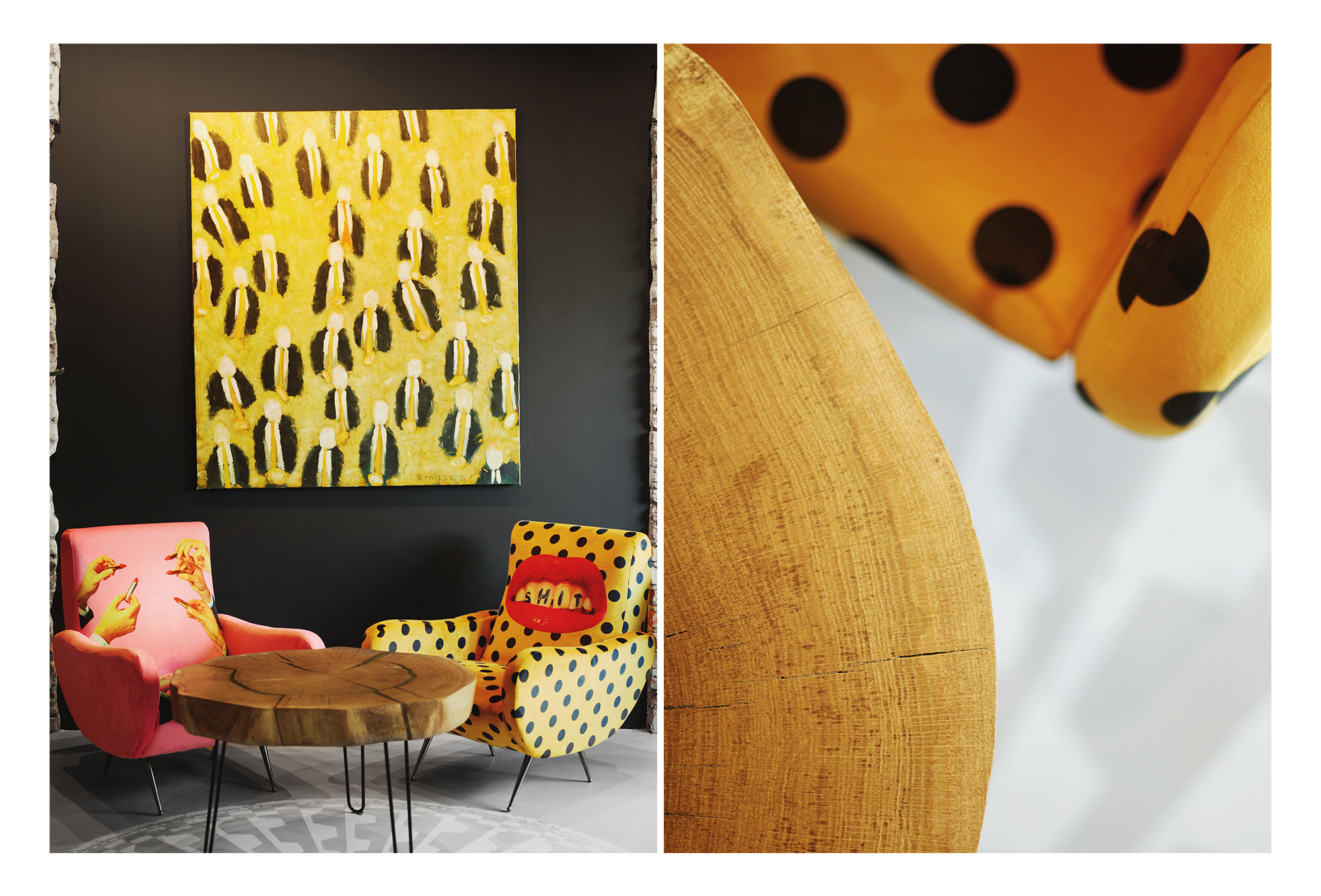 Wnętrze restauracji Pop-Inn Gdynia: różowe i żółte krzesła z nadrukami, okrągły stolik z blatem z plastra drewna, abstrakcyjny obraz na czarnej ścianie.