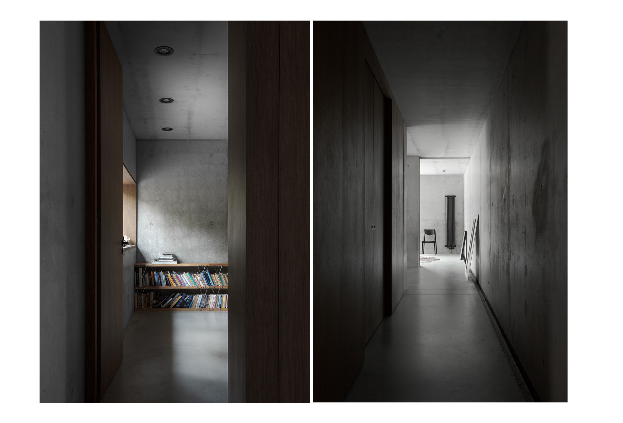 Surowy, betonowy korytarz z drewnianą zabudową i regałem z książkami, minimalistyczny design.