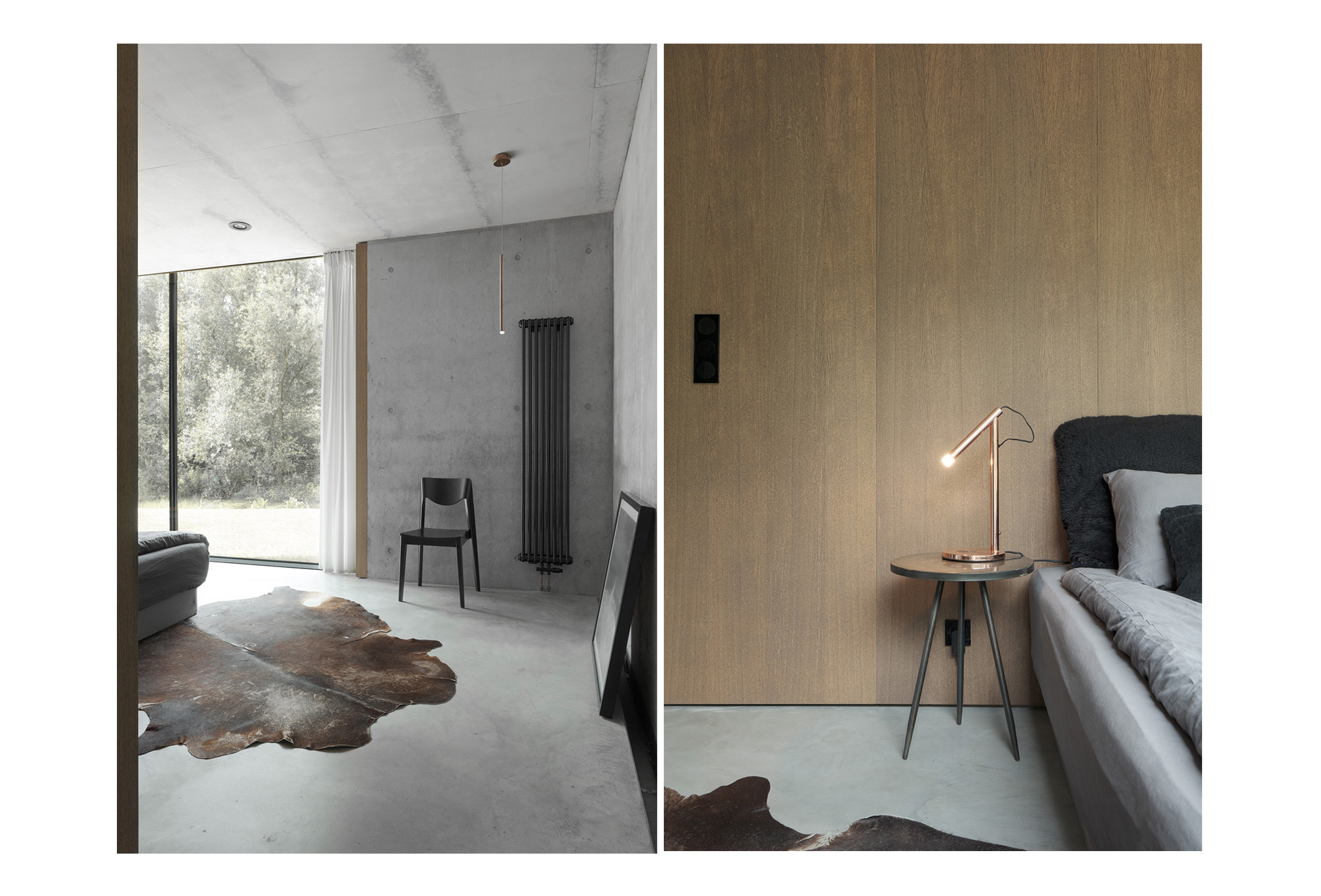 Nowoczesne wnętrze: surowy beton, drewniana ściana, skórzany dywan, minimalistyczne oświetlenie i czarne akcenty, tworzące industrialny styl.