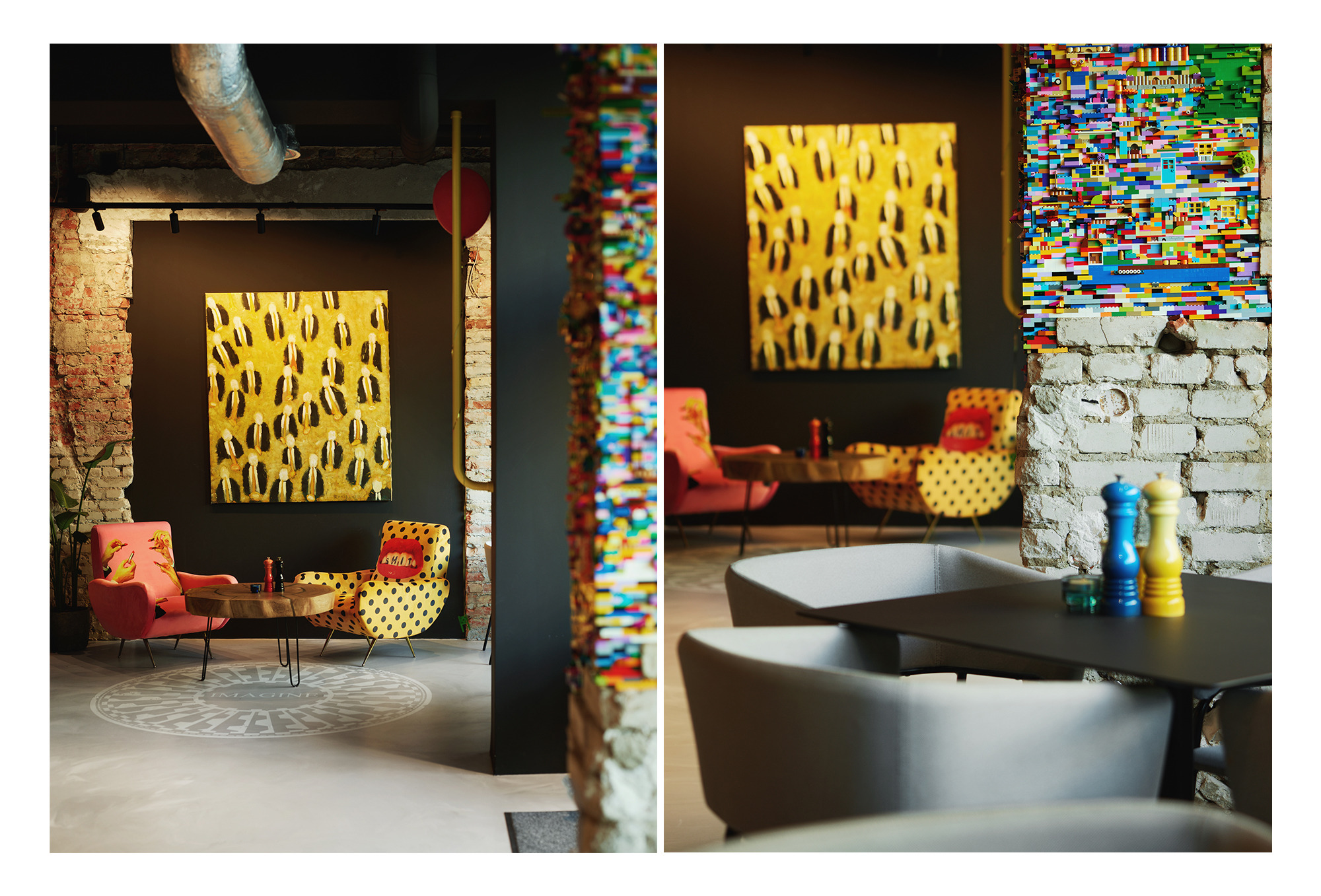 Wnętrze restauracji Pop-Inn Gdynia z ceglanymi ścianami, nowoczesnym oświetleniem, kolorowymi fotelami, oryginalnym obrazem z motywem garniturów i ścianą ozdobioną konstrukcją z klocków Lego.