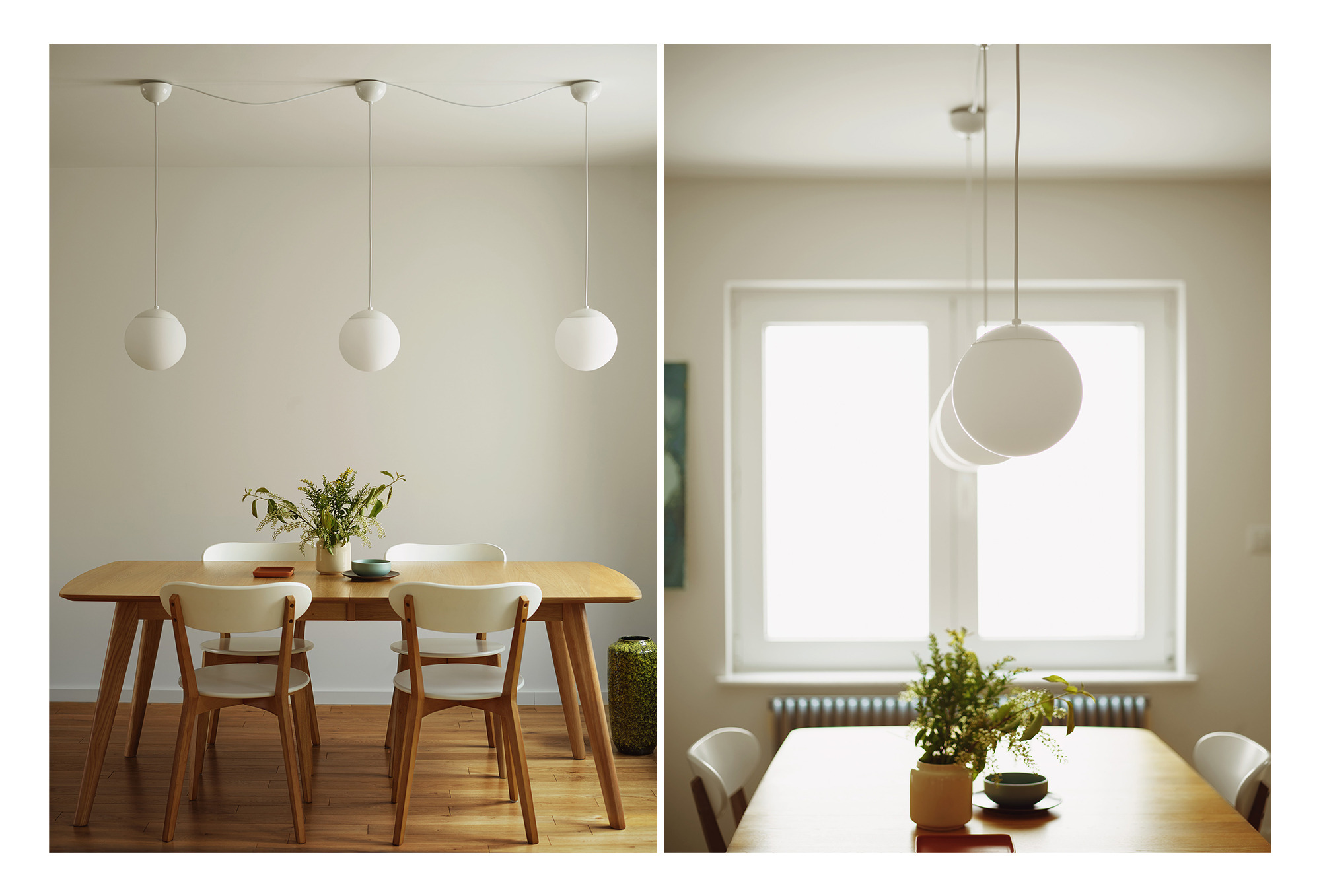 Jasne wnętrze jadalni w Malmo, Szwecja: drewniany stół z czterema krzesłami, minimalistyczne lampy kuliste zwisające z sufitu, bukiet z zielonych gałązek w ceramicznym wazonie.