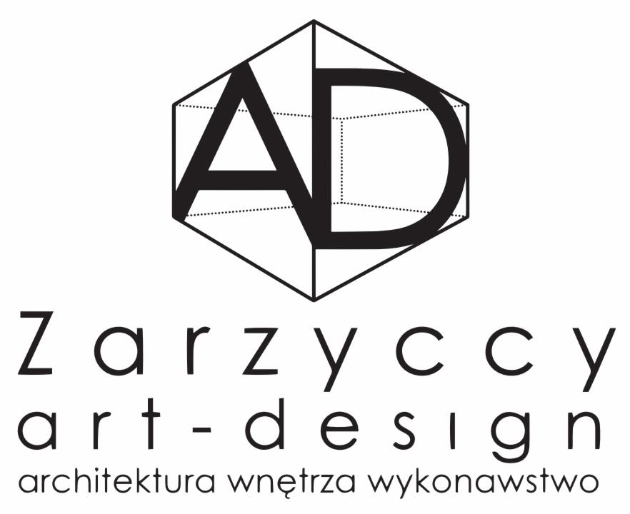 Logo firmy Zarzyccy Art-Design z Ornontowic, przedstawiające geometryczny symbol z literami AD oraz napis 'architektura wnętrza wykonawstwo'.