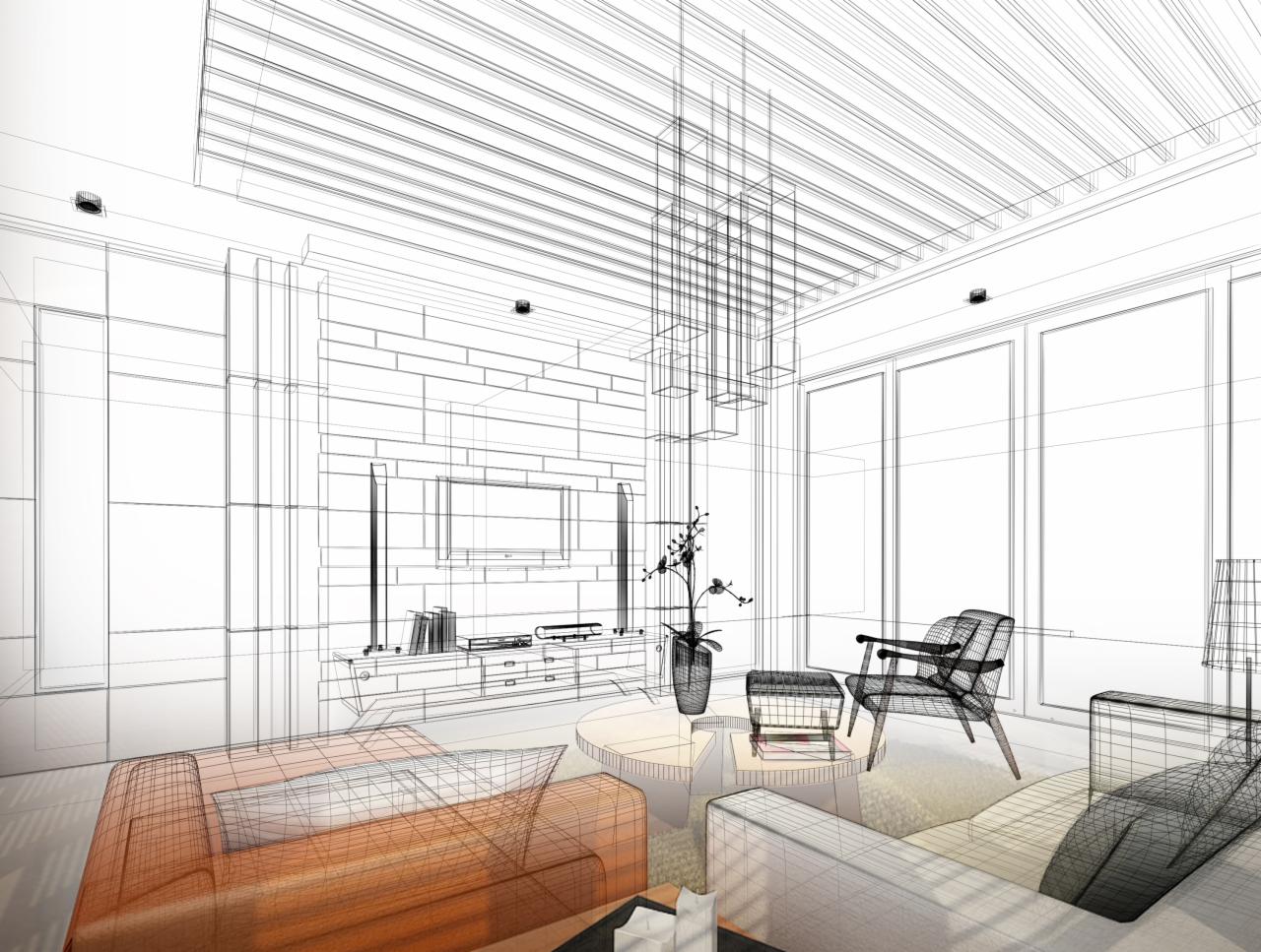 Wizualizacja 3D salonu z telewizorem, sofą, fotelem i stolikiem kawowym, przedstawiona w formie siatki szkieletowej z kolorowymi elementami, ukazująca projekt wnętrza.