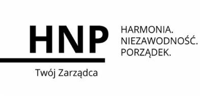 Logo firmy HNP: Twój Zarządca, z hasłami Harmonia, Niezawodność, Porządek.