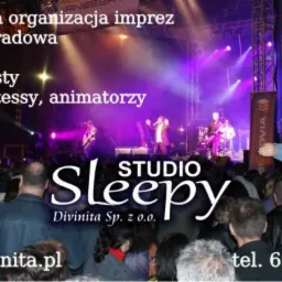 Koncert z oświetleniem scenicznym i publicznością, widoczny zespół na scenie, tłum ludzi i logo firmy organizującej wydarzenie.