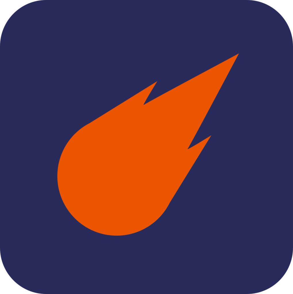 Pomarańczowa ikona komety na granatowym tle z zaokrąglonymi rogami.