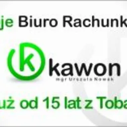 Logo biura rachunkowego Kawon z zielonym symbolem 'K' w okręgu i napisem 'już od 15 lat z Tobą!' na jasnoszarym tle.