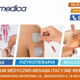 Kompozycja trzech zdjęć: kobieta podczas osteopatii, elektroterapia na ramieniu pacjenta, mężczyzna podczas masażu leczniczego w centrum medyczno-rehabilitacyjnym Remedica.