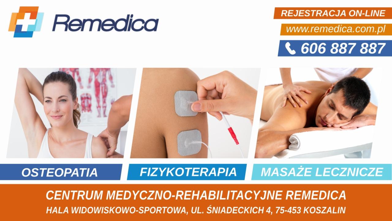 Kompozycja trzech zdjęć: kobieta podczas osteopatii, elektroterapia na ramieniu pacjenta, mężczyzna podczas masażu leczniczego w centrum medyczno-rehabilitacyjnym Remedica.