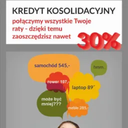 Grafika reklamowa z logo MCF, informująca o możliwości połączenia rat w jeden kredyt konsolidacyjny i oszczędności do 30%, z ilustracją kobiety myślącej o spłacie samochodu, roweru, laptopa i mebli.