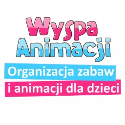 Kolorowe logo firmy 'Wyspa Animacji' oferującej organizację zabaw i animacji dla dzieci, z tekstem umieszczonym na niebieskich i różowych prostokątach.