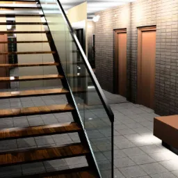 Wizualizacja schodów z drewnianymi stopniami i szklaną balustradą w nowoczesnym wnętrzu z dwiema parami drzwi.