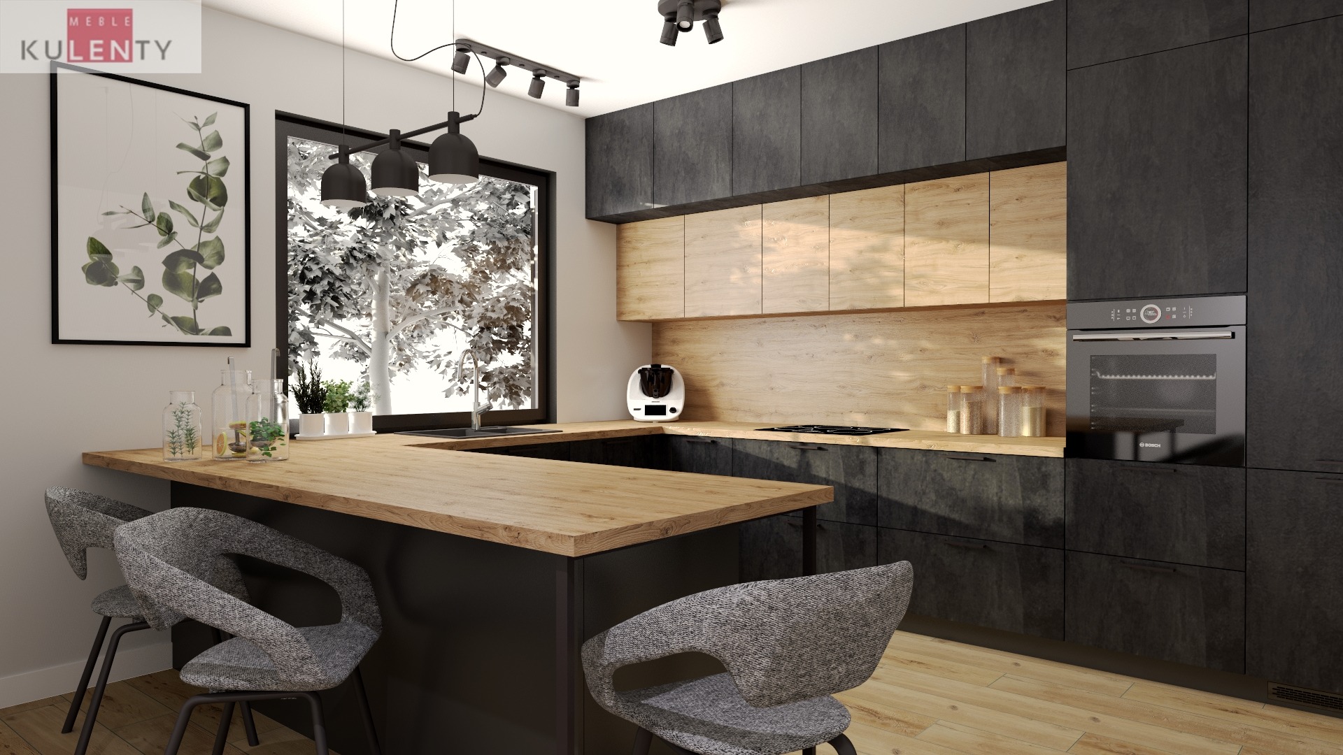 Nowoczesna kuchnia z czarnymi szafkami i drewnianym blatem, wyspa z trzema szarymi krzesłami, okno z widokiem na zaśnieżone drzewa, minimalistyczny design.