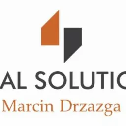 Logo firmy prawniczej Legal Solutions z pomarańczowo-szarym abstrakcyjnym symbolem i imieniem Marcin Drzazga.