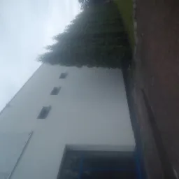 Świeżo otynkowana, biała elewacja budynku z trzema małymi oknami, widoczna z poziomu chodnika z czerwonej kostki brukowej, obok gęsty żywopłot.