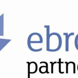 Logo firmy ebroker partner z geometrycznym symbolem koła z trójkątami w odcieniach szarości i błękitu po lewej stronie.