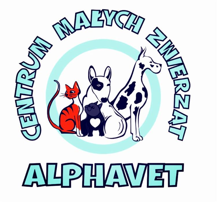 Logo 'Centrum Małych Zwierząt ALPHAVET' z Krakowa przedstawiające stylizowane grafiki psa dalmatyńczyka, bull terriera, czarnego kotka z białym sercem na piersi i rudego pręgowanego kota na tle...
