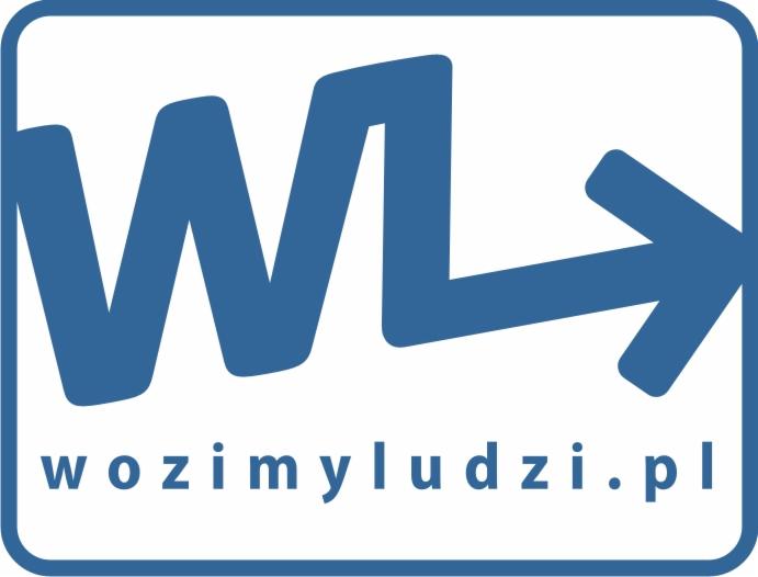 Niebieskie logo firmy przewozowej wozimyludzi.pl z dynamiczną strzałką w kształcie litery W, umieszczone w ramce.